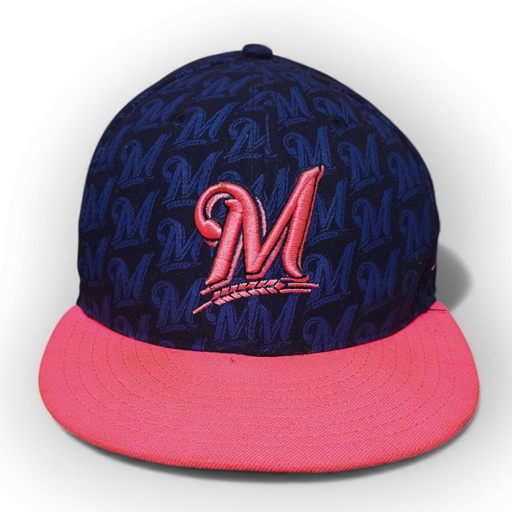 New Era Milwaukee Brewers MLB Baseball Cap‎ 59FIFTY Fitted Hat Size 7 Pink Brim